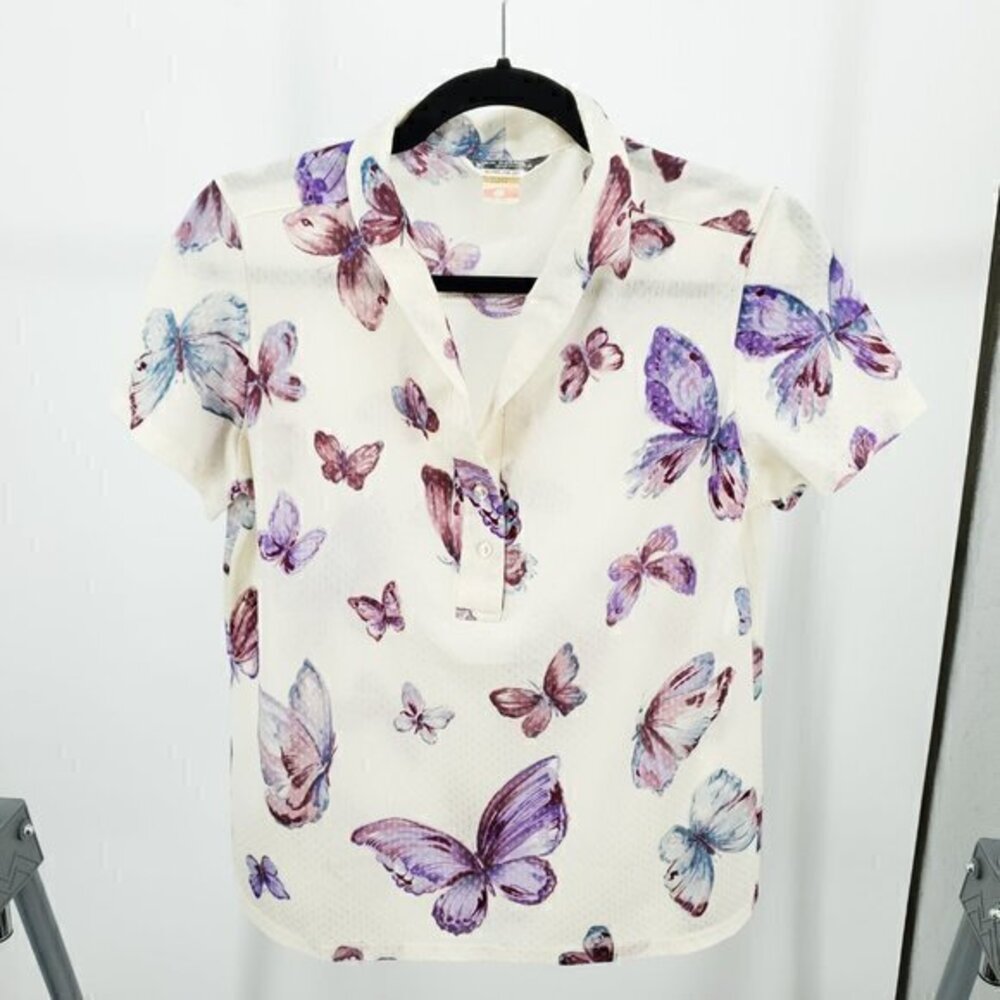 VTG 70s Alex Coleman Butterfly Motif Short Sleeve Button Blouse MCream/Purple